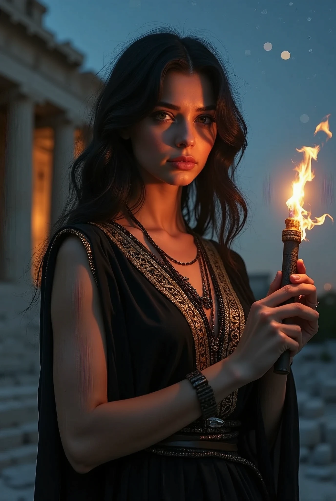 Young greek goddess of witchcraft and magic, with ((black hair)) and ((dark eyes)), ((is very fair-skinned)), mysterious and cool beauty, wears a ((black)) greek toga with golden pattern, holding a torch, ancient greek temple and stary night sky in background, Greek mythology, mysterious, Photorealistic, Mythic fantasy, Hyper-Realism, ultra-quality, Super Detail, ultra accurate description of hands, masterpiece, 8K, HDR