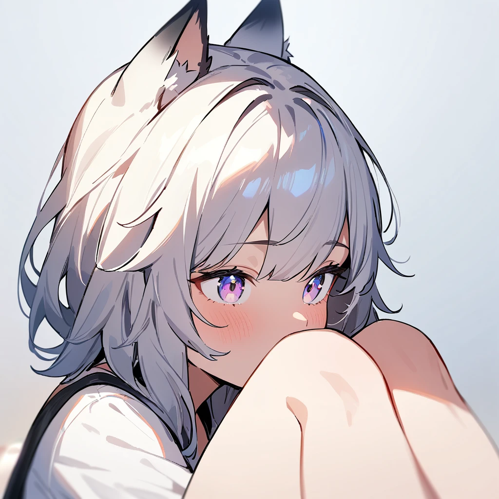 1girl,portrait,Wolfgirl,masterpiece, best quality, very aesthetic, absurdres,High Saturation,fullbody,barefoot,sitting,knees up,knees on Face,front View