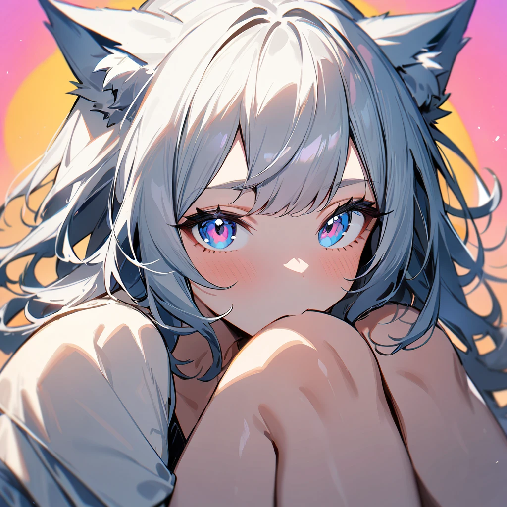 1girl,portrait,Wolfgirl,masterpiece, best quality, very aesthetic, absurdres,High Saturation,fullbody,barefoot,sitting,knees up,knees on Face,front View