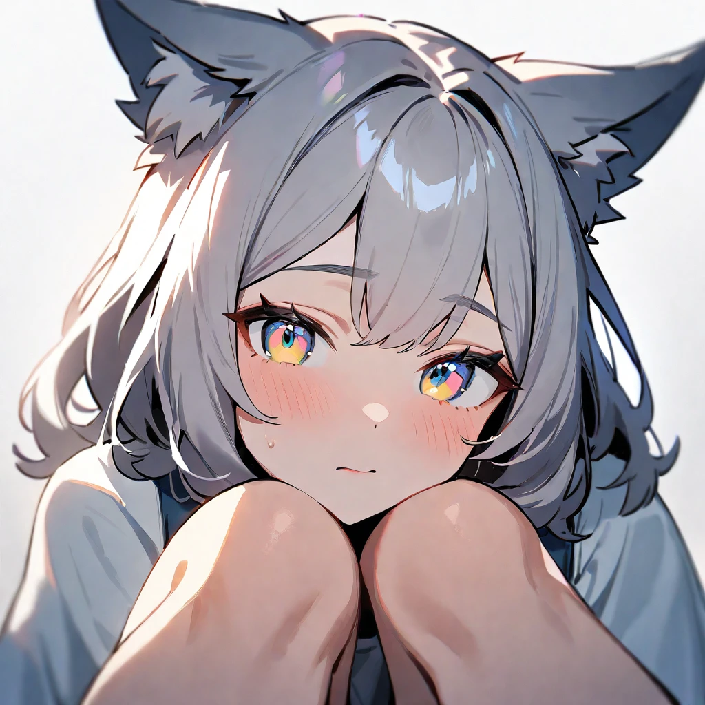 1girl,portrait,Wolfgirl,masterpiece, best quality, very aesthetic, absurdres,High Saturation,fullbody,barefoot,sitting,knees up,knees on Face,front View