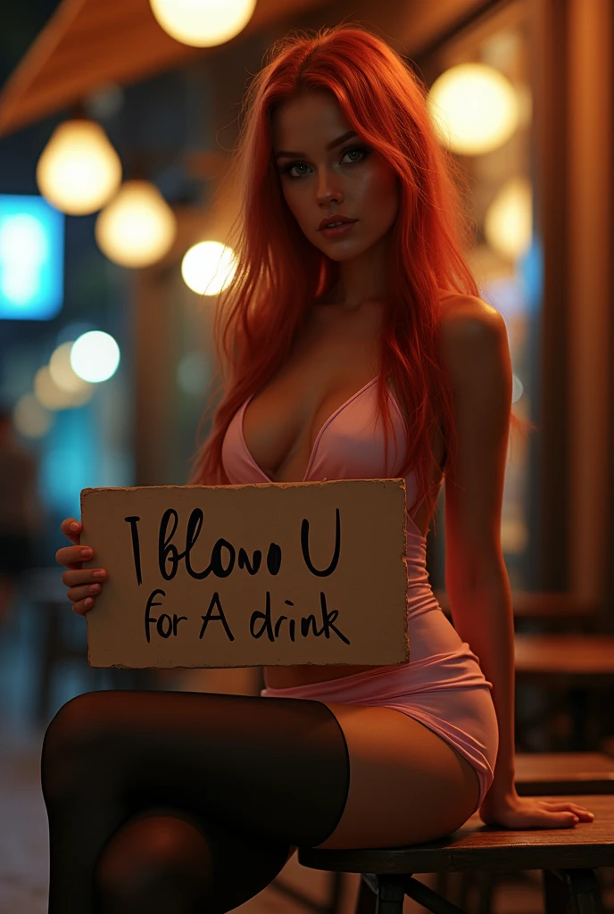 (full body shot:1.8) photorealistic cinematic image of a (sitting pose:1.7) ultrarealistic, photography, long messy red hair, woman, 18 years old, hourglass figure, perfect skinny body, (skinny slim anorexic body:1.9), (Long skinny legs), (25 inch platform high heels), Flirty look, (natural extra small breasts),. ((flat cheted)) blur background, wearing a super tight pink silk mini dress, (long blsck silk stockings), (black and gold slave chorker), She is standing standing on the street outside at the café, night time lots of street and city lights, dramatic cinematic lighting, she is wearing elegant gold 25 inch platform high heels, (she is holding a sighn with the text "I blow U for A drink"), she has beautiful long skinny legs, she has super long legs, full body, full body shot, full body photo, wide angle, wide angle shot