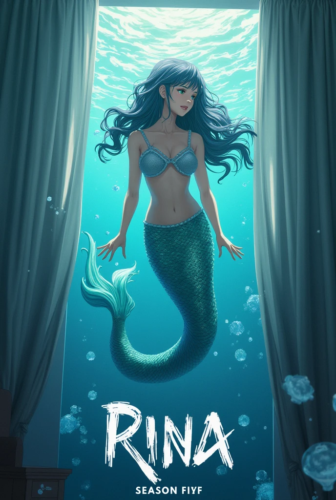 A poster for the show "Rina" Season 5
Rina transforms into a mermaid in her room