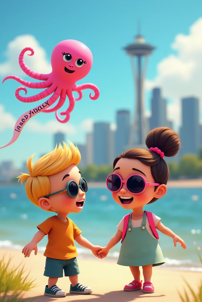 A boy with a blonde hair that's long in the back and short in the front wearing sunglasses and a brunette girl wearing sunglasses who is flying a kite that is a pink octopus and says yucky on it on a beautiful day with the Seattle skyline in the background and they are looking at each other, smiling