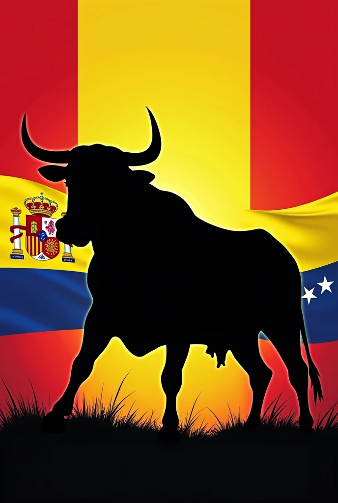 Silhouette of a bull with the flag of Spain and Venezuela