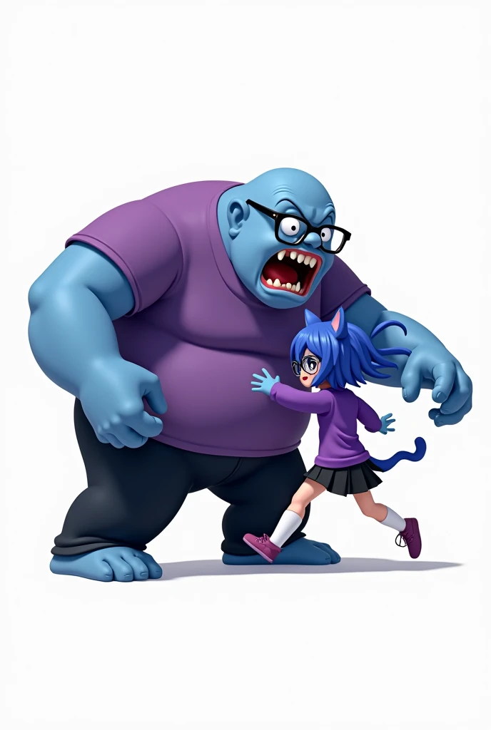a bald guy, blue skin, wears glasses, purple shirt with long sleeves, black pants, crazy, very fat, scary, chasing an anime kawaii girl with blue skin, blue hair, cat ears blue, wears glasses, purple shirt with long sleeves, black skirt, wears white socks, have cat tail blue, Roblox style, white background only, chasing scene