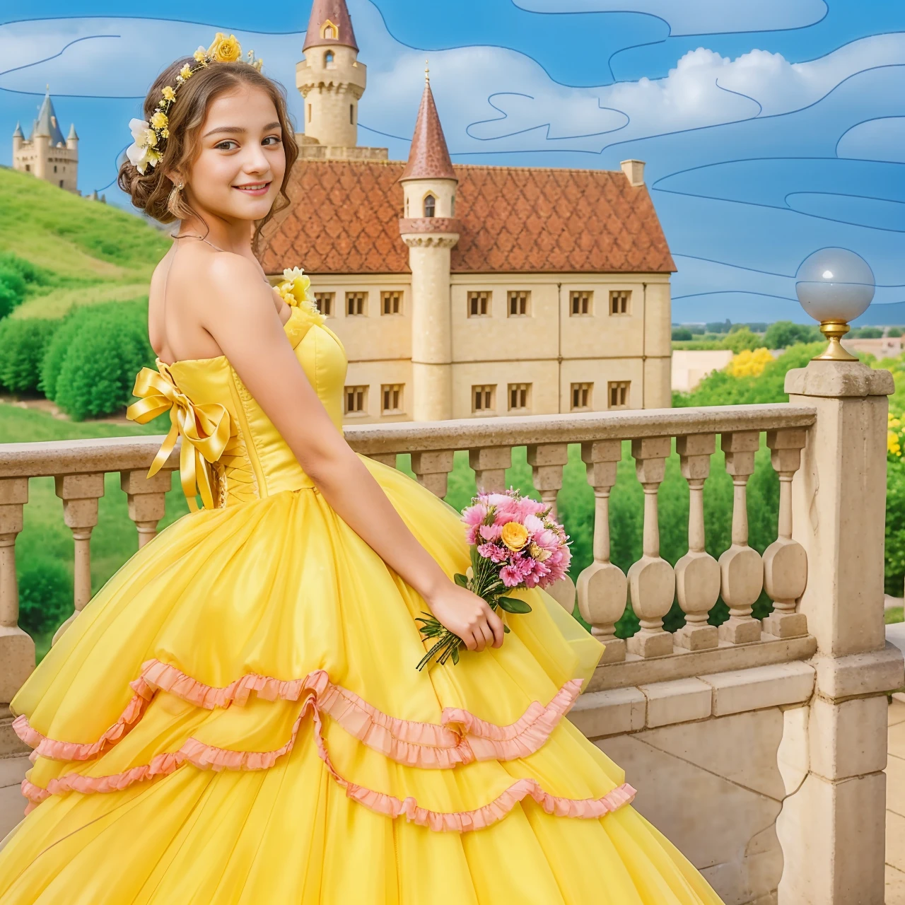 a gorgeous 10 year-old girl, yellow tulle ball gown, holding flowers, dreamy smirk, castle in background, extremely detailed, 4k, perfect face