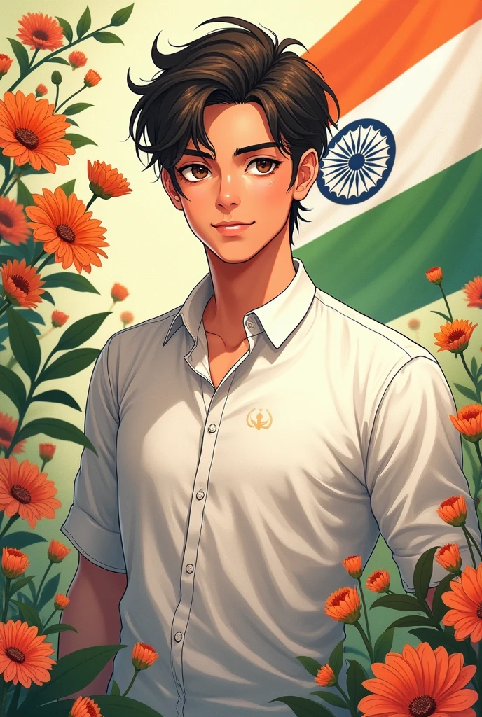 Beautiful picture with a anime man whose name RANJIT and his name were on his  wear white shirt and Indian flag with Indian culture 
