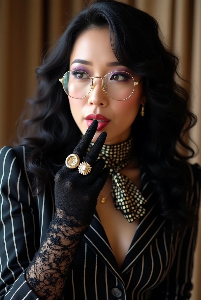 With long, curly black hair、Heavy makeup and purple eyeshadow、Around her neck she wears a ribbon-shaped satin black and gold chain patterned scarf.、Wearing gold-rimmed glasses、She was wearing long black rose lace gloves and several gold rings.、A Japanese woman in her 40s wearing a striped suit licks her fingers with her tongue