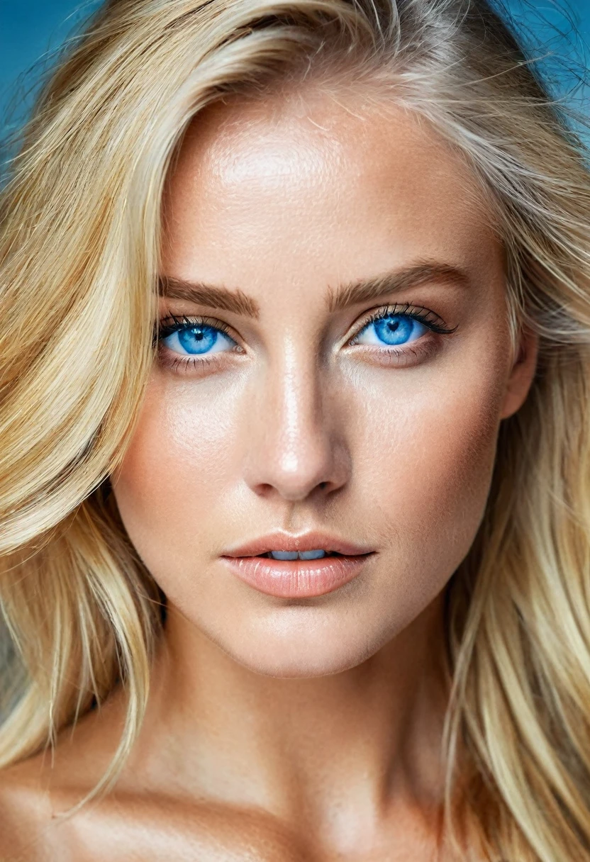 A beautiful blonde woman with golden hair and blue eyes. Stunning. Natural shades and colors. Sweaty body. Stunning eyes.