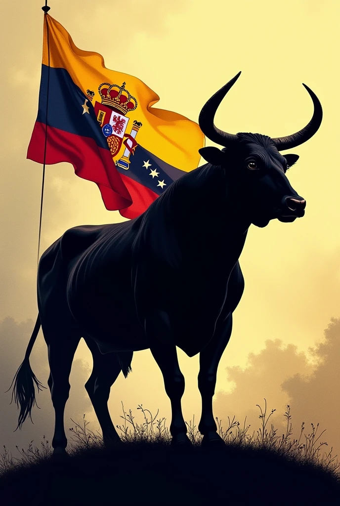 Silhouette of a bull with the flag of Spain and Venezuela