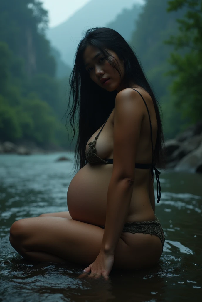 RAW, Best quality, high resolution, masterpiece: 1.3), Beautiful young java woman, seductive pose, sitting, open legs showing vagina, sensual body, big breasts, Best quality, high resolution, Masterpiece: 1.3, Masterpiece, naked, porn, ((At the rock river jungle)), night, fog, hiking clothes, pullover, orgasm, highres, 4k, HDR, 1girl, photorealistic, realistic, big breasts, ((whole body)) turning away facial at viewer, closeup, heavy mountains, misty, fog, huge belly, massive belly, enormous belly, ginourmous belly