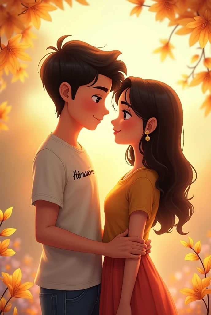 A handsome boy whose name is written on his shirt is Himanshu and a beautiful girl whose name is written on his shirt, both are together and looking towards the front. 