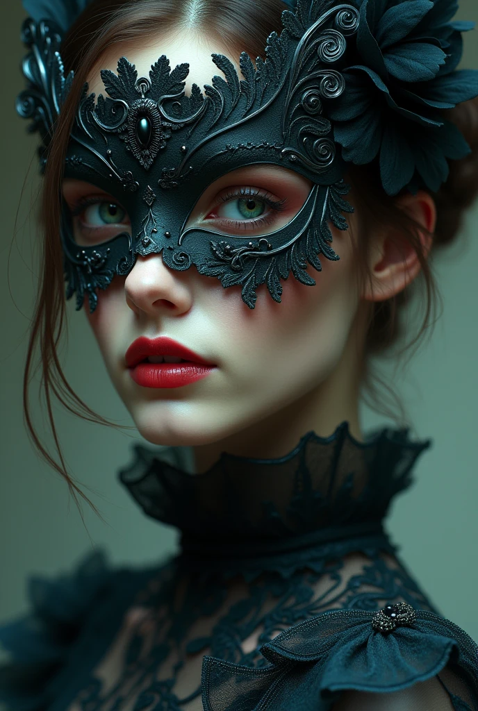 a close up of a person wearing a mask, dreamy gothic girl, elegant render, half body photo, mistress, photoshop render, ebony rococo, elegant girl, female spy, haunting beautiful young woman, super-hero girl, extravagant dress, beauty girl