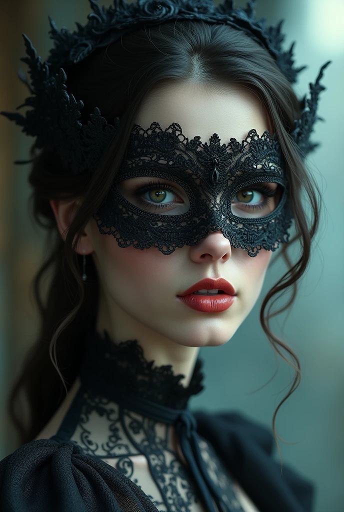 a close up of a person wearing a mask, dreamy gothic girl, elegant render, half body photo, mistress, photoshop render, ebony rococo, elegant girl, female spy, haunting beautiful young woman, super-hero girl, extravagant dress, beauty girl