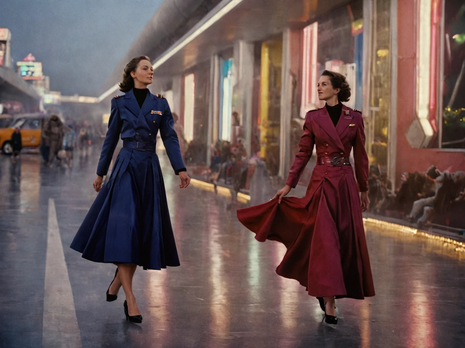 85mm photograph of Sapphic Space Lesbians, commanding spaceships, futuristic worlds, wearing (long pleated full circle skirts), uniform jackets and (girly low heel office shoes), (pronounced (girly) features), (very windy), skirts are flowing wildly in the wind, lesbian space stations, sci-fi, skirts in space, young girls wearing skirts, love skirts, empathy and compassion and love, (pronounced (feminine) features), (highly detailed ultra accurate realistic) hands and fingers, (windy), epic composition, highly detailed attributes, (35mm f1.4 Kodak portra 400 photograph), extremely high quality RAW photograph, highly detailed atmosphere, sci-fi, cinematic shot, dynamic lighting, 75mm, Technicolor, Panavision, cinemascope, sharp focus, fine details, 8k, HDR, realism, realistic, key visual, film still, superb cinematic color grading, depth of field