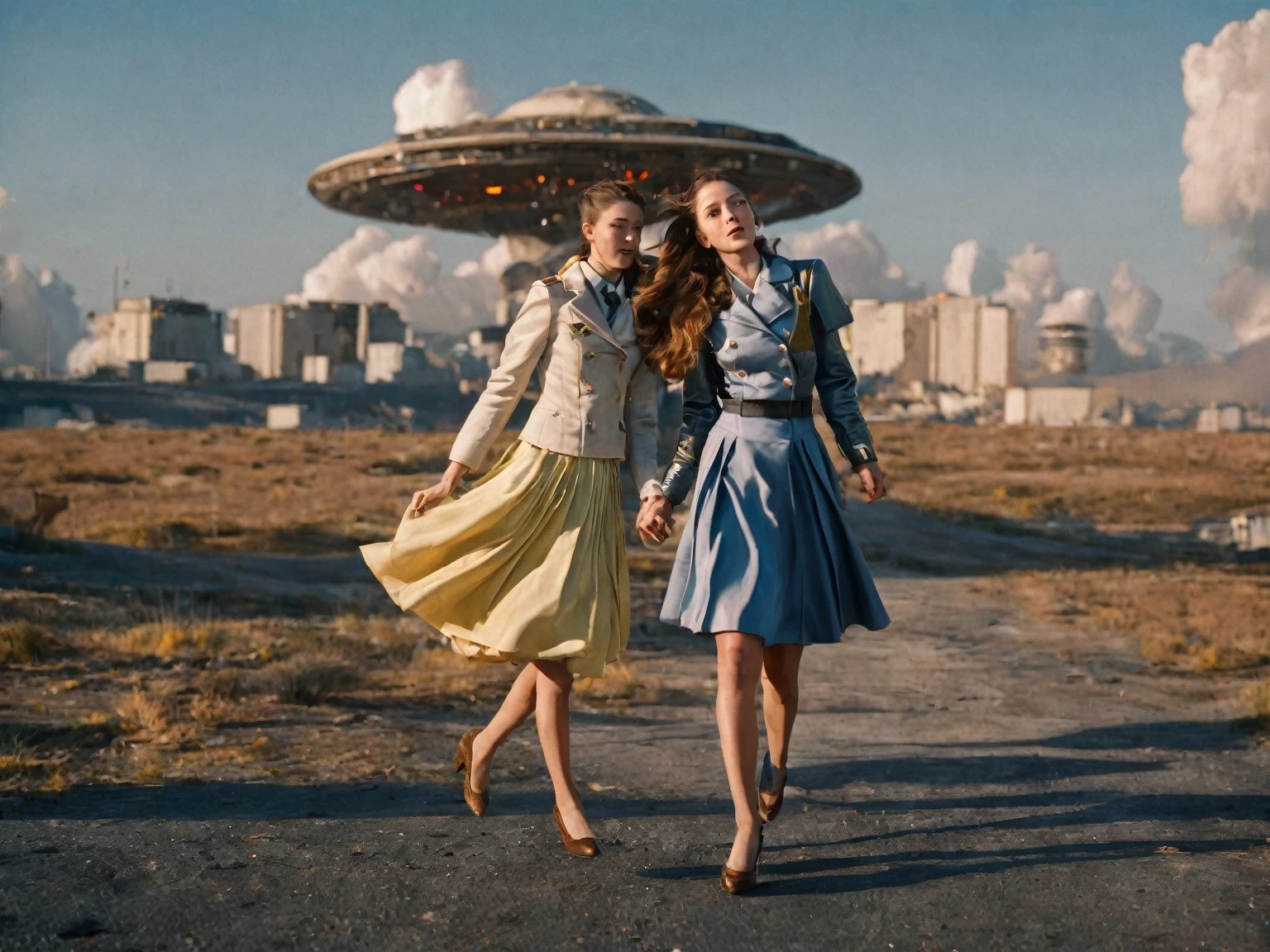 85mm photograph of Sapphic Space Lesbians, commanding spaceships, futuristic worlds, wearing (long pleated full circle skirts), uniform jackets and (girly low heel office shoes), (pronounced (girly) features), (very windy), skirts are flowing wildly in the wind, lesbian space stations, sci-fi, skirts in space, young girls wearing skirts, love skirts, empathy and compassion and love, (pronounced (feminine) features), (highly detailed ultra accurate realistic) hands and fingers, (windy), epic composition, highly detailed attributes, (35mm f1.4 Kodak portra 400 photograph), extremely high quality RAW photograph, highly detailed atmosphere, sci-fi, cinematic shot, dynamic lighting, 75mm, Technicolor, Panavision, cinemascope, sharp focus, fine details, 8k, HDR, realism, realistic, key visual, film still, superb cinematic color grading, depth of field