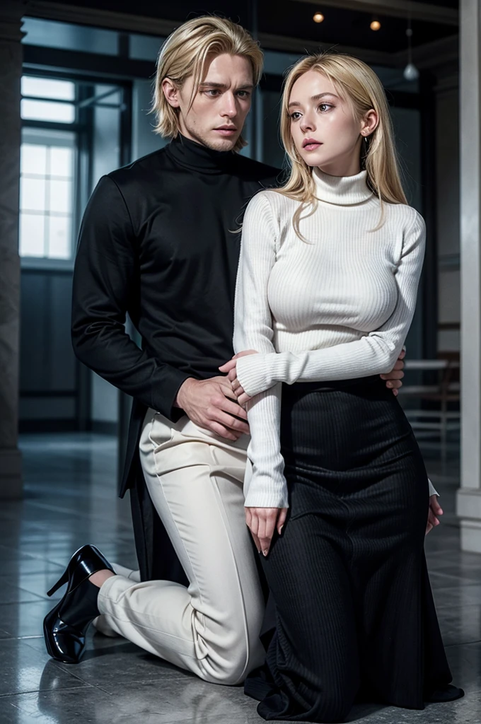 The scene shows a blonde woman wearing a tight ribbed turtleneck, long skirt and white high heels, kneeling in front of a man in a black suit who is standing in front of her. The mood of the scene is romantic and introspective, showing how much the woman is in love with the man.