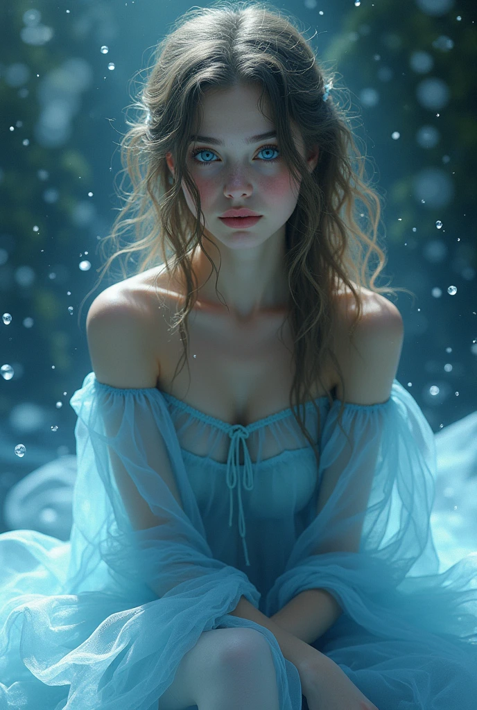 Girl in a blue transparent dress. Blue eyes. mysterious, smile. Sits surrounded by water droplets hanging in the air.