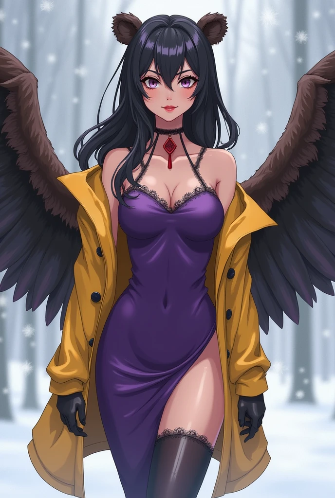 woman, anime, purple bodycon dress, yellow, Anthropomorphic, bear, wings, Moscow, winter, dark hair, a stern look
