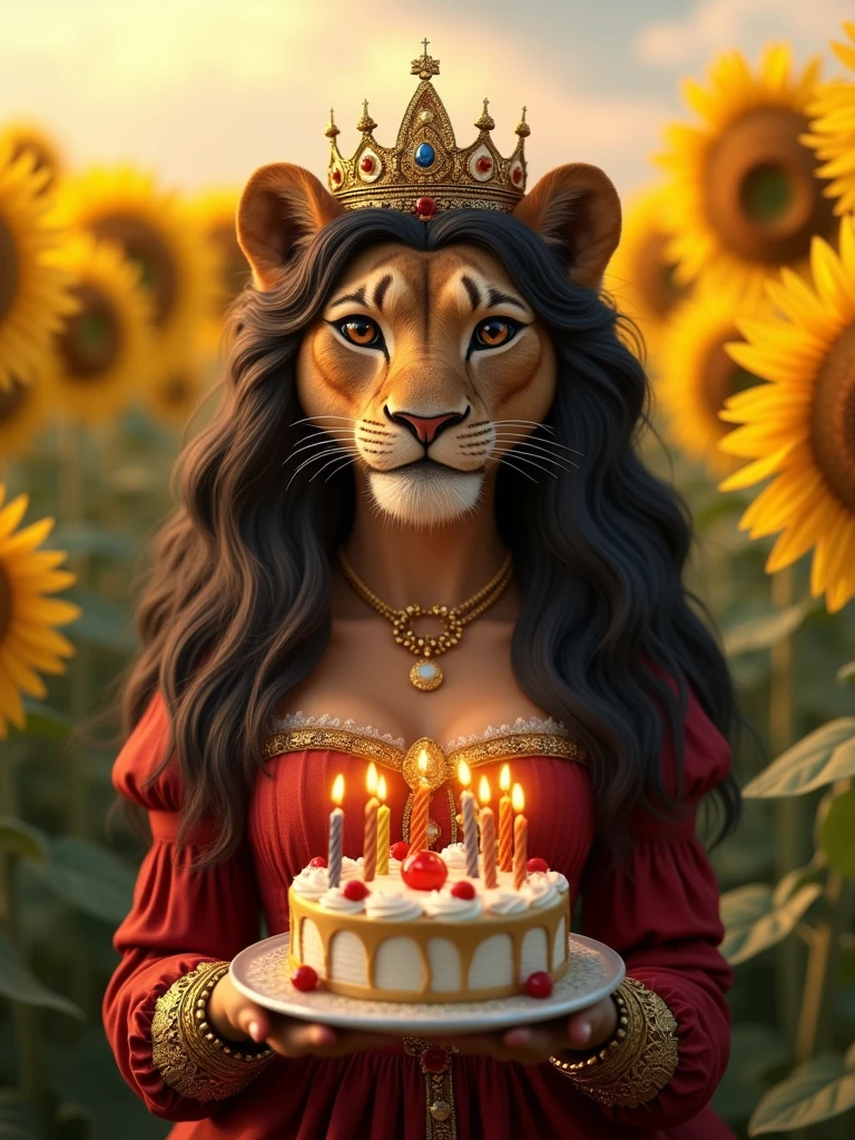 above a text FELIZ ANIVERSARIO!, realistic image, (realistic, photorealistic, lioness face, female lioness head, anthropomorphic lioness, no humans in the image:1.15), (female lioness face, anthro, wavy long black hair, crown golden, brown eyes, wearing a detailed medieval red dress), in a sunflower field, holding a birthday cake (with the number 23 in the form of lit candles), looking at viewer, Above the image there is text "FELIZ ANIVERSARIO!", realistic, professional photograph, cinematic illumination,UHD, masterpiece, best quality, 8K