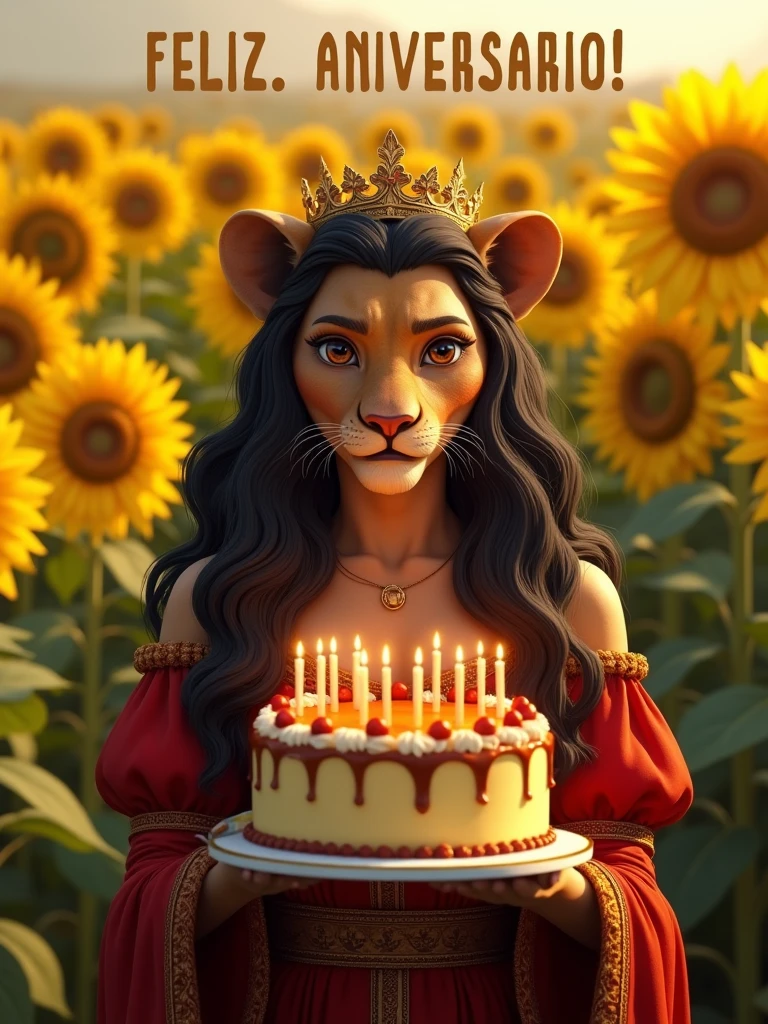 above a text FELIZ ANIVERSARIO!, realistic image, (realistic, photorealistic, lioness face, female lioness head, anthropomorphic lioness, no humans in the image:1.15), (female lioness face, anthro, wavy long black hair, crown golden, brown eyes, wearing a detailed medieval red dress), in a sunflower field, holding a birthday cake (with the number 23 in the form of lit candles), looking at viewer, Above the image there is text "FELIZ ANIVERSARIO!", realistic, professional photograph, cinematic illumination,UHD, masterpiece, best quality, 8K