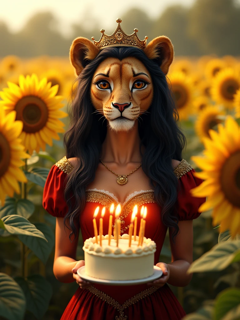 above a text FELIZ ANIVERSARIO!, realistic image, (realistic, photorealistic, lioness face, female lioness head, anthropomorphic lioness, no humans in the image:1.15), (female lioness face, anthro, wavy long black hair, crown golden, brown eyes, wearing a detailed medieval red dress), in a sunflower field, holding a birthday cake (with the number 23 in the form of lit candles), looking at viewer, Above the image there is text "FELIZ ANIVERSARIO!", realistic, professional photograph, cinematic illumination,UHD, masterpiece, best quality, 8K