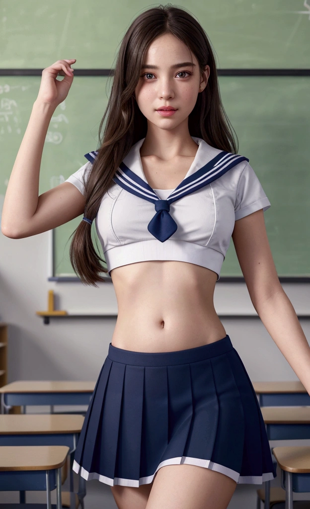 (1 girl in a classroom, (white crop top sailor suit),(blue student skirt),(open navel),(open belly),(show abdomen area),extremely detailed eyes and face, beautiful detailed lips, longeyelashes, beautiful detailed eyes, school uniform, (best quality,4k,8k,highres,masterpiece:1.2),ultra-detailed,(realistic,photorealistic,photo-realistic:1.37),HDR,UHD,studio lighting,ultra-fine painting,sharp focus,physically-based rendering,extreme detail description,professional,vivid colors,bokeh,school setting,indoor)