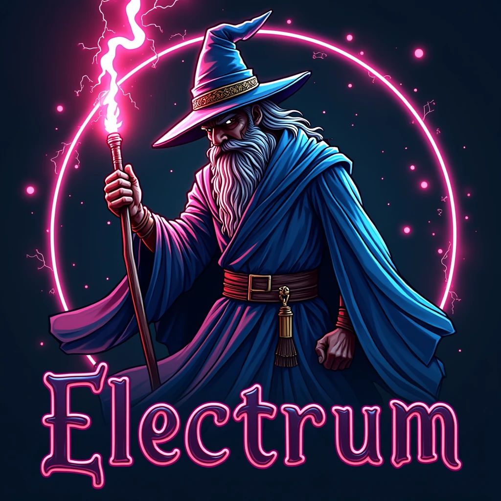 logo,A wizard holding a lightning bolt, logo,the name and Electrum, edm music , illustration, Neon Energy