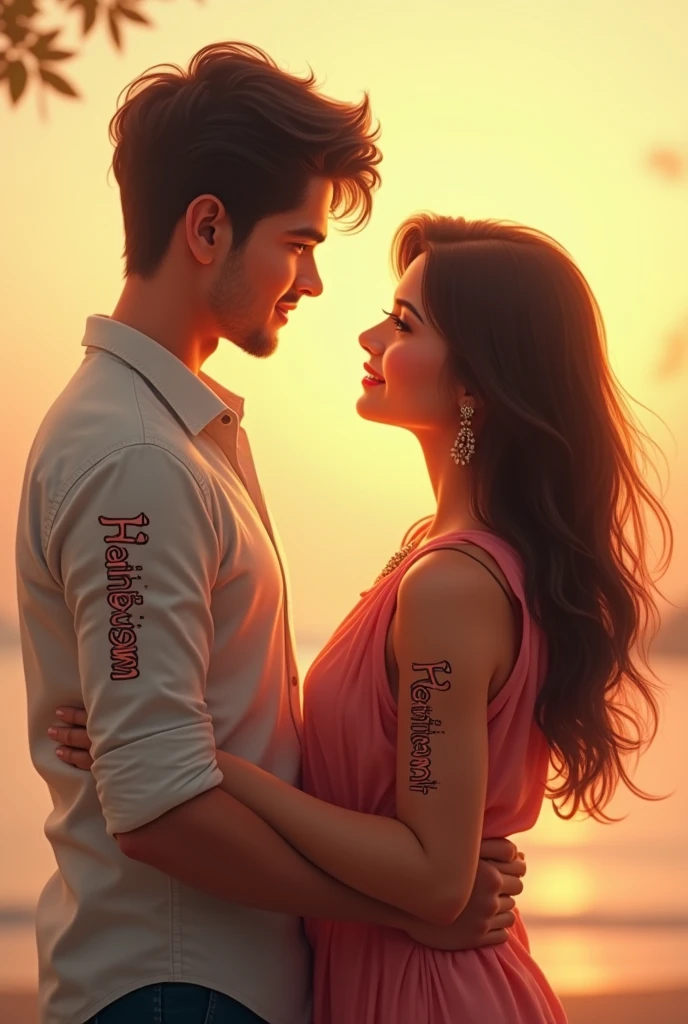 A handsome boy whose name is written on his shirt is Himanshu and a beautiful girl whose name is written on his shirt, both are together and looking towards the front.