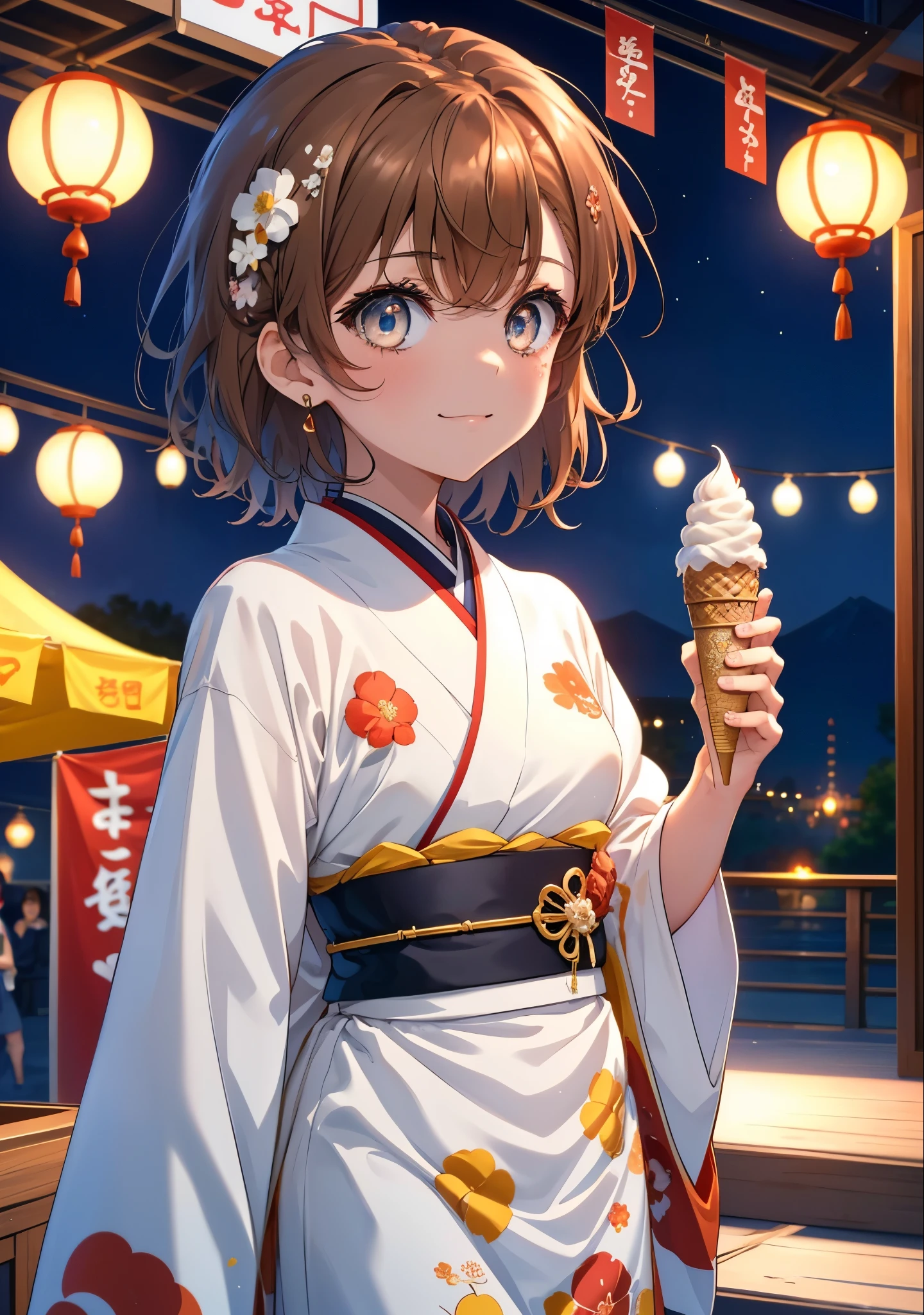 Mycotrose, Brown eyes,Brown Hair,short hair,One side up,Flower Hair Ornaments,Open your mouth,smile,White Kimono,Long skirt,Sandals,Holding ice cream in one hand,日本のfestival,夏festivalの屋台,Red lantern,whole bodyがイラストに入るように,night,
break looking at viewer,whole body,                 　　　　　break outdoors, festival,shrine,                                                             break (masterpiece:1.2), Highest quality, High resolution, unity 8k wallpaper, (shape:0.8), (Beautiful and beautiful eyes:1.6), Highly detailed face, Perfect lighting, Extremely detailed CG, (Perfect hands, Perfect Anatomy),