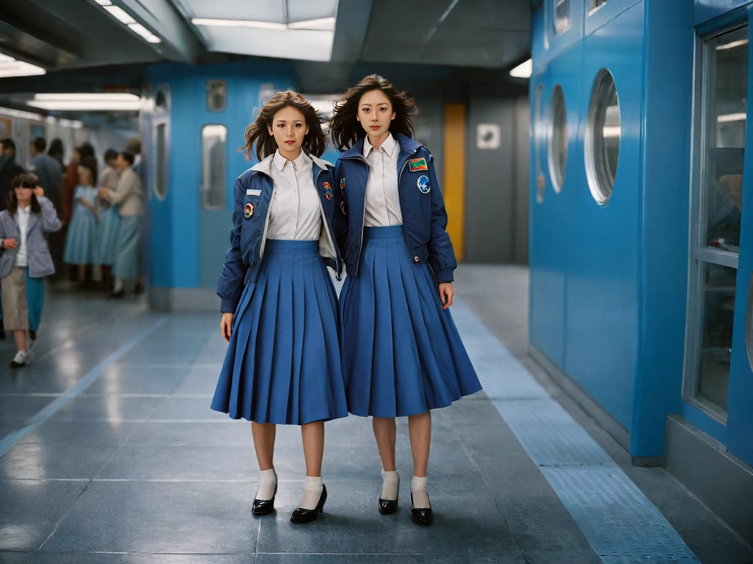 85mm photograph of Sapphic Space Lesbians, commanding spaceships, futuristic worlds, wearing (long pleated full circle skirts), uniform jackets and (girly low heel office shoes), (pronounced (girly) features), (very windy), skirts are flowing wildly in the wind, lesbian space stations, sci-fi, skirts in space, young girls wearing skirts, love skirts, empathy and compassion and love, (pronounced (feminine) features), (highly detailed ultra accurate realistic) hands and fingers, (windy), epic composition, highly detailed attributes, (35mm f1.4 Kodak portra 400 photograph), extremely high quality RAW photograph, highly detailed atmosphere, sci-fi, cinematic shot, dynamic lighting, 75mm, Technicolor, Panavision, cinemascope, sharp focus, fine details, 8k, HDR, realism, realistic, key visual, film still, superb cinematic color grading, depth of field