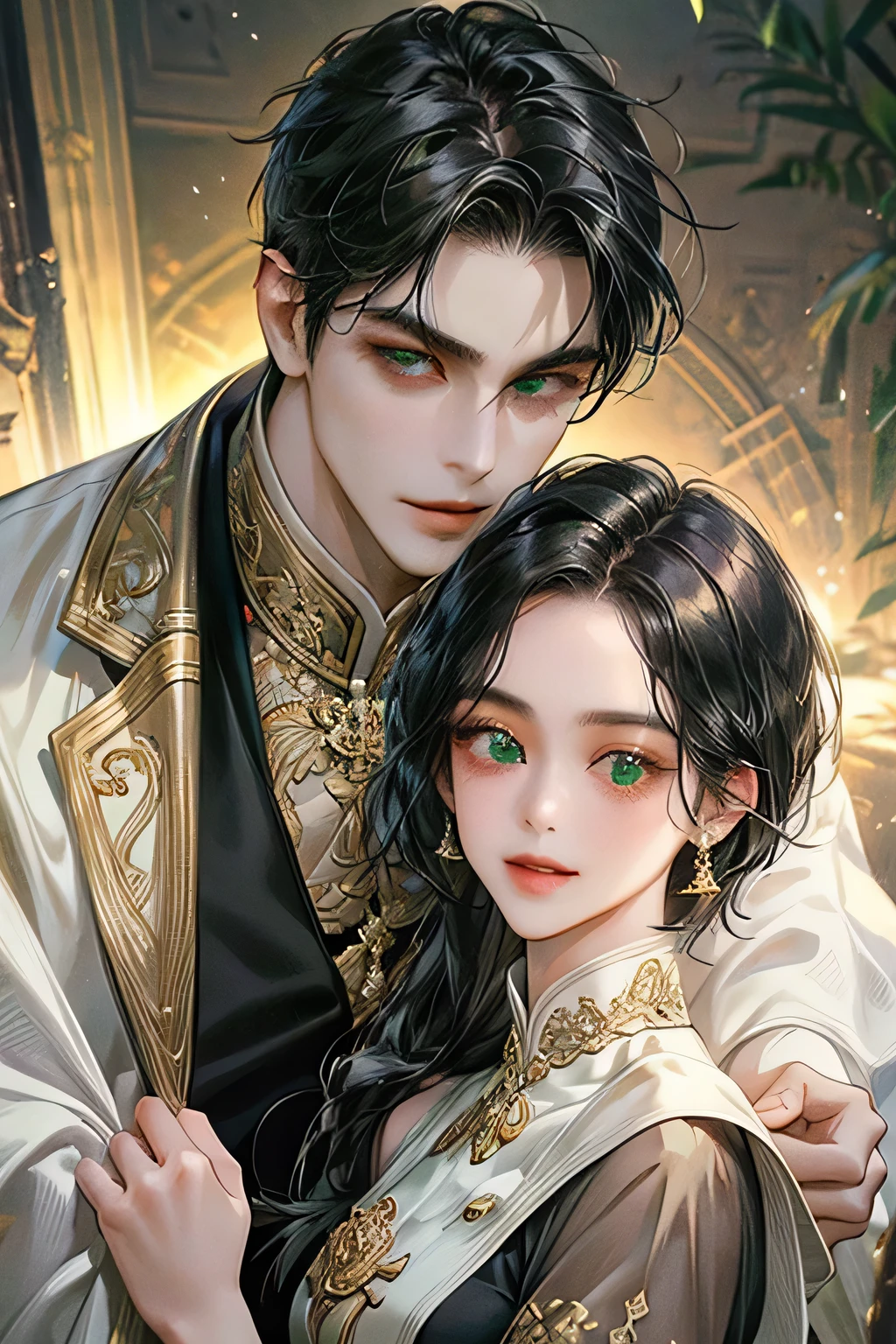 Couple, black hair, javanese prambanan style, masterpiece, best quality, realistic, romantic and charming, 29 years old, light green eyes, serious, extremely detailed face, smile,, ((short-right-swept dark black hair)), [ eyebrows], white suit , accurate, detailed