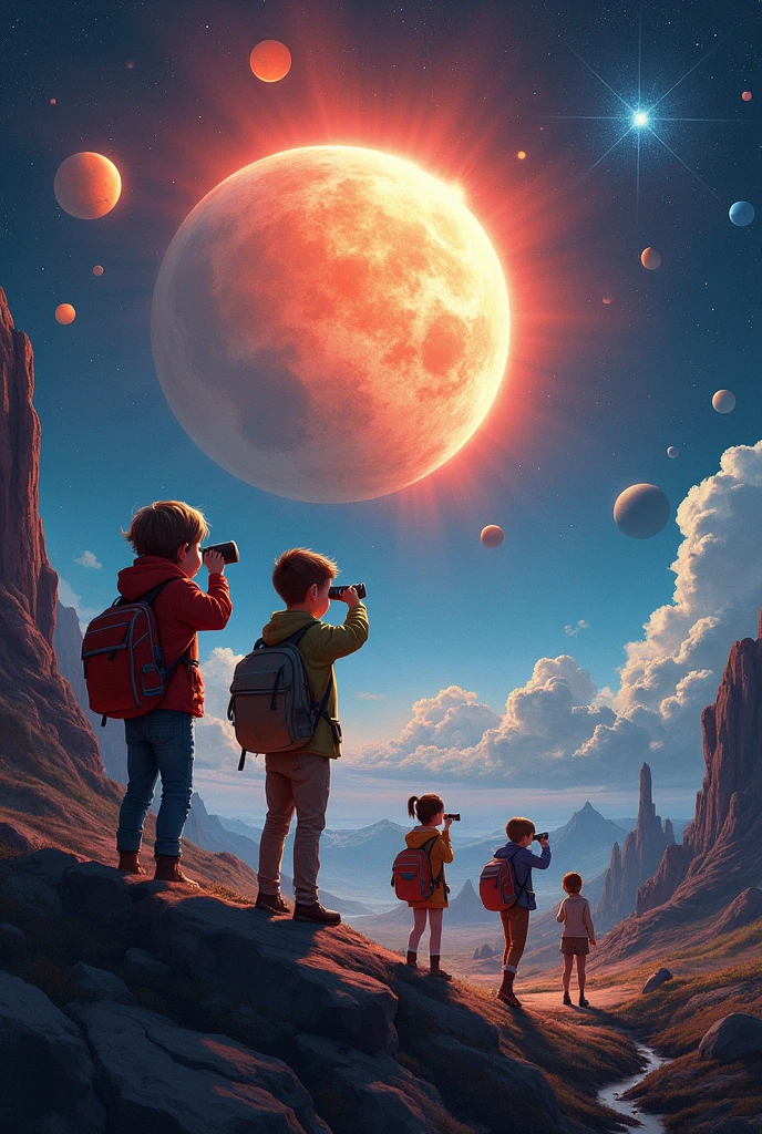 Solar system, universe, space, there is a big sun, exploration, there are , there are magnifying glasses, there are aliens.