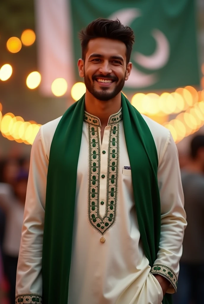 a handsome healthy  man in day light wearing white and green kurta shalwar with beautiful designed green muffler on shoulders on independence day, with a backgroun of blur lights and oakistan flag celebration