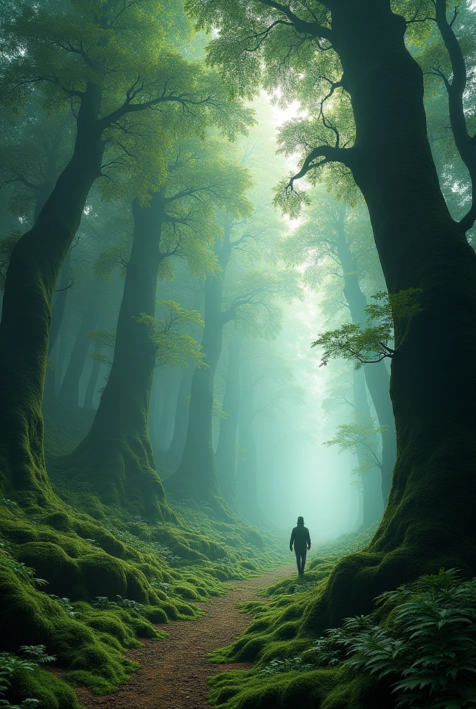 A mystical fractal forest where towering trees, each with fractal branches and leaves, stretch endlessly into the sky. The forest floor is covered in fractal moss and ferns, with winding paths formed by intricate patterns leading deeper into the infinite woods. Light beams filter through the fractal canopy, creating endless patterns of shadows and light, while a soft mist swirls with fractal complexity. Above, the sky is filled with fractal clouds, echoing the patterns of the forest below, creating a seamless connection between earth and the heavens. A lone traveler, dwarfed by the towering fractal trees, ventures into the infinite forest, seeking an ancient artifact hidden deep within.