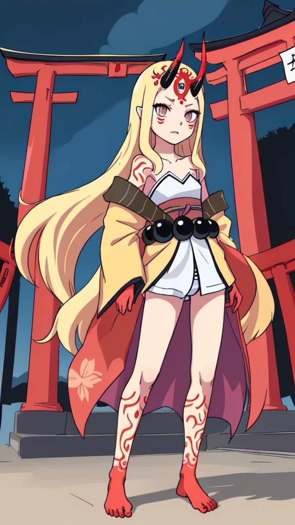 Flat-chested girl with long blond hair，Demon horn，kimono，underwear，Bare Legs，barefoot，Standing，On the torii gate