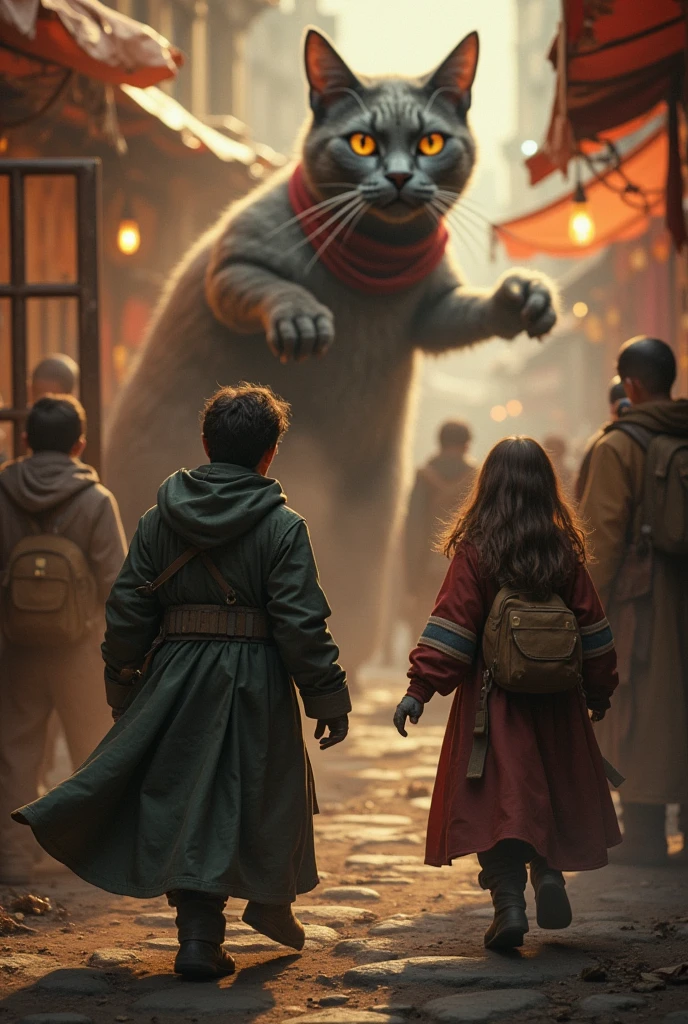 Firefly characters attack a metal cat at a bazaar