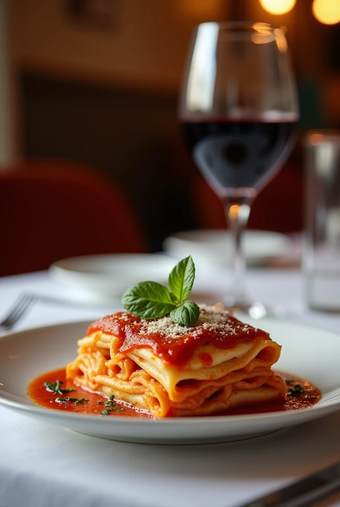 restaurant table, with a sophisticated plate of lasagna and a glass of red wine