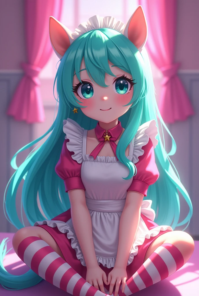 score_9,score_8_up,score_7_up,score_6_up, ((my little pony)), radiant lighting, vibrant colors, whimsical atmosphere, 8K, high resolution, highly detailed, masterpiece, (shy look), ((pony body)), cream body, turquoise eyes, (maid costume), striped stockings, star pendant, earrings, eyeshadow, (fuchsia hair colour), ((long turquoise hair))