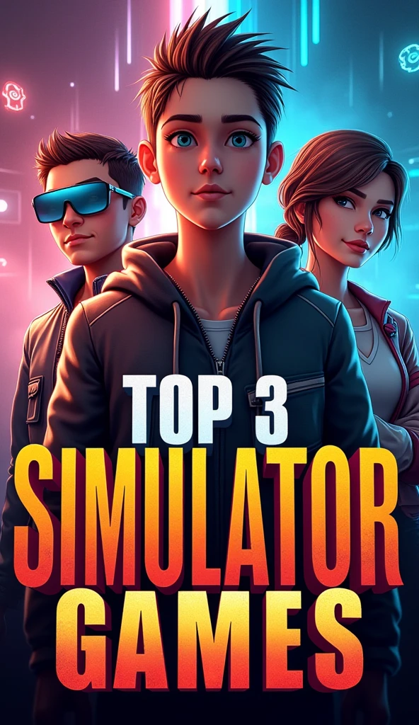 **"A high-energy YouTube thumbnail showcasing three distinct simulator games, each represented by a key visual or character from the game. Arrange the game visuals in a way that they partially overlap, creating a sense of depth. The title 'Top 3 Simulator Games' should be large, bold, and positioned prominently, with a striking font and bright colors like red or yellow to grab attention. Consider adding a subtle shadow or outline to the text for extra emphasis. Include elements like game controllers or gear icons to highlight the gaming theme."**