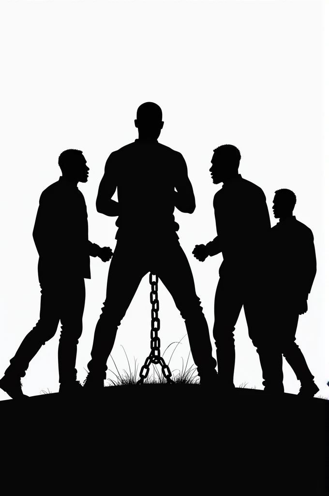 Generat a pic of 4 Black man silhouette and 1 is break a chain because he run
