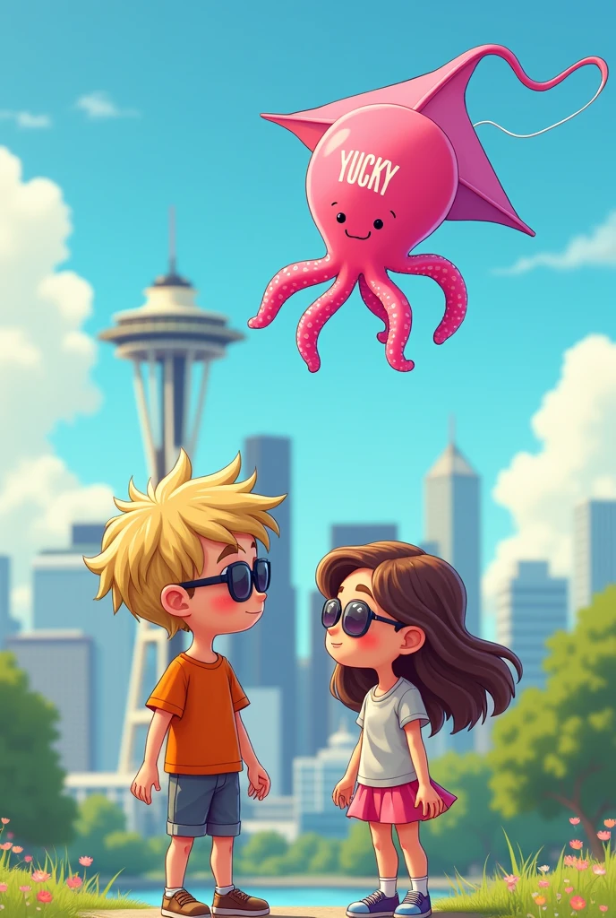 A boy with a blonde hair that's long in the back and short in the front wearing sunglasses and a brunette girl wearing sunglasses with long hair who is flying a kite that is a pink octopus that says "YUCKY" on its forehead in big all black letters on a beautiful day with the Seattle skyline in the background and they are looking at each other, smiling