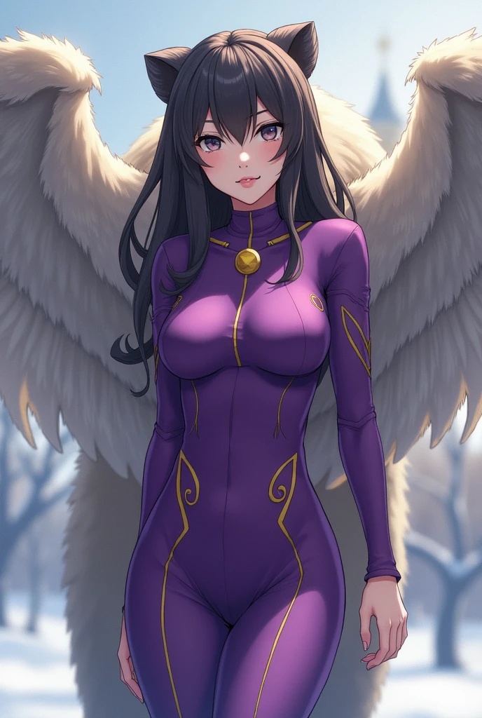 woman, anime, purple bodycon dress, yellow, Anthropomorphic, bear, wings, Moscow in the background, winter, dark hair, a stern look