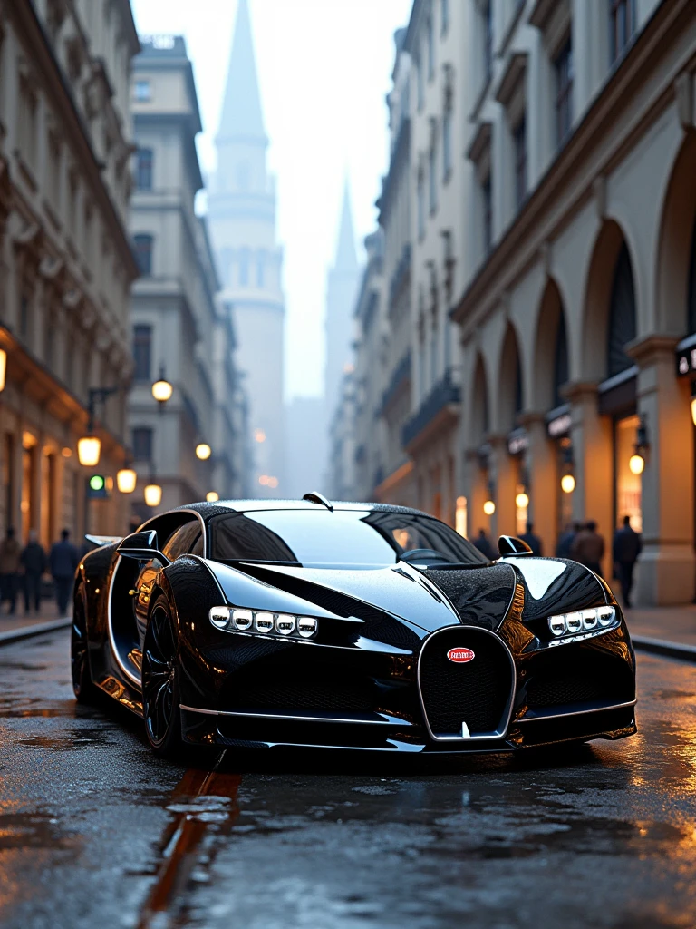 Here is the image of the Bugatti La Voiture Noire driving through an ancient yet highly developed city street. The city blends old-world architecture with advanced technology