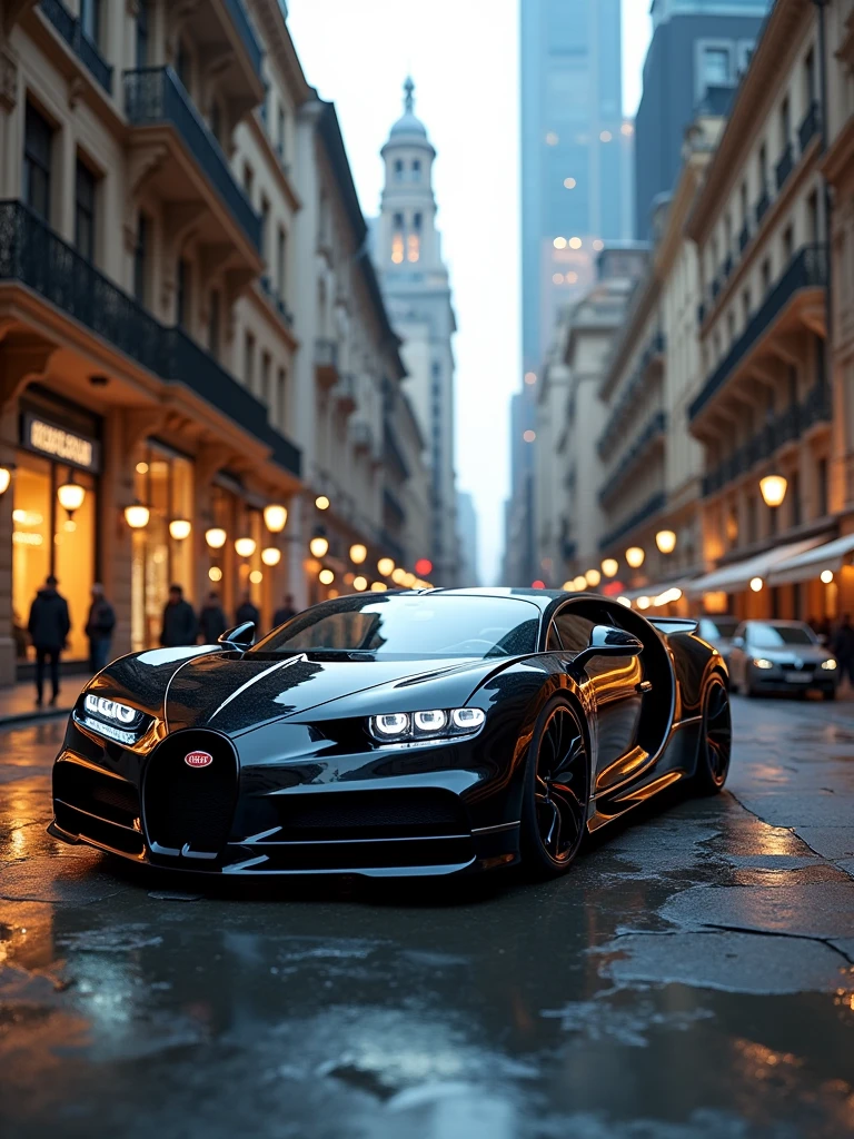 Here is the image of the Bugatti La Voiture Noire driving through an ancient yet highly developed city street. The city blends old-world architecture with advanced technology