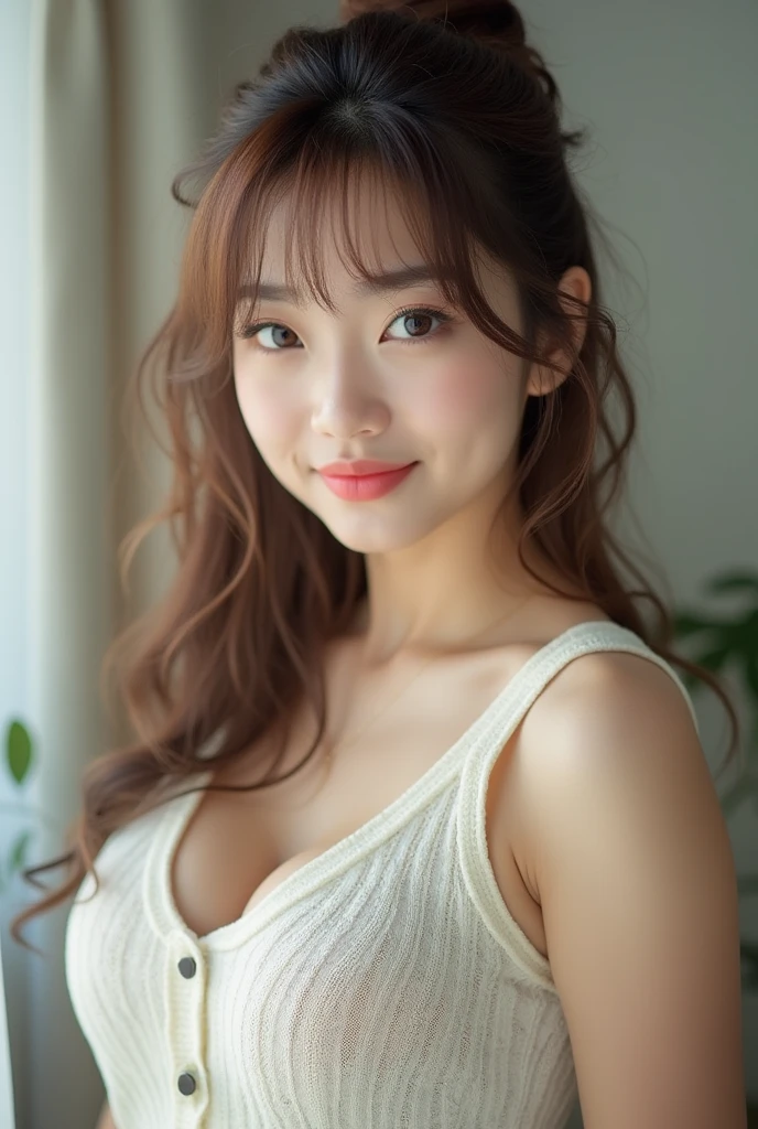 8K picture quality、high resolution、Realistic skin texture、high resolutionの瞳、Miss、Japanese Summer Office Miss、Sleeveless knitted shirt、Princess hairstyle、Thin、、Large Breasts、(a charming smile:1.2), Brown hair、Thin legs、Large target、Sweat accumulates on the chest、roof、Comb your hair up