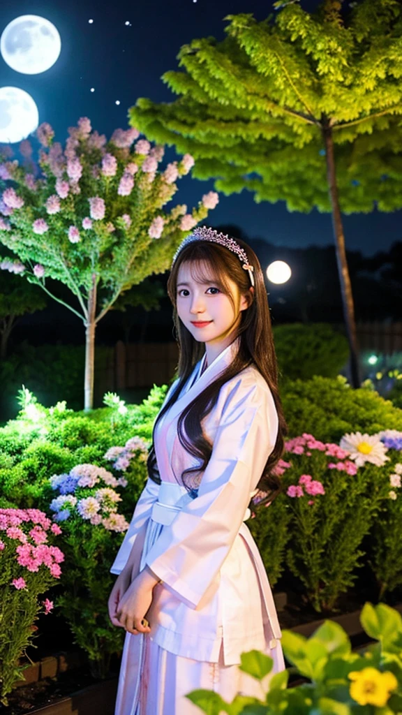best quality, high_resolution, distinct_image, detailed background ,girl, hanbok,flower,garden,moon, night,dutch angle, wide shot, crown,