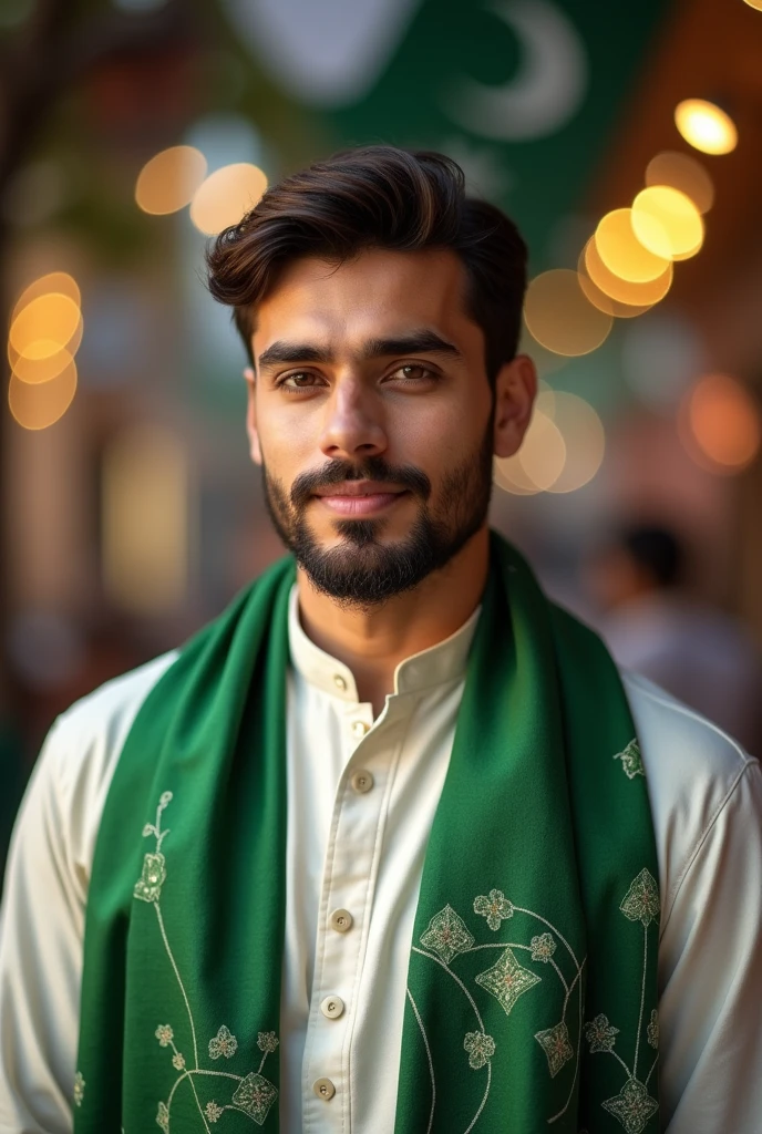 a handsome healthy man in day light wearing white and green kurta shalwar with beautiful designed green muffler on shoulders on independence day, with a backgroun of blur lights and oakistan flag celebration