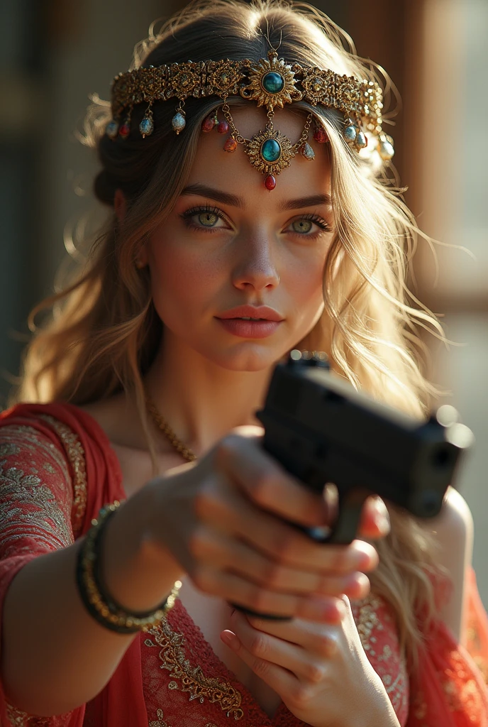 uhd, high details, best quality, goddess, gun