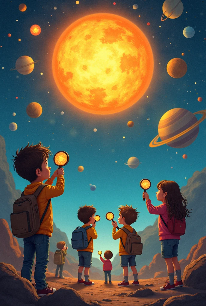Solar system, universe, space, there is a big sun, exploration, there are school children, there are magnifying glasses, there are aliens.